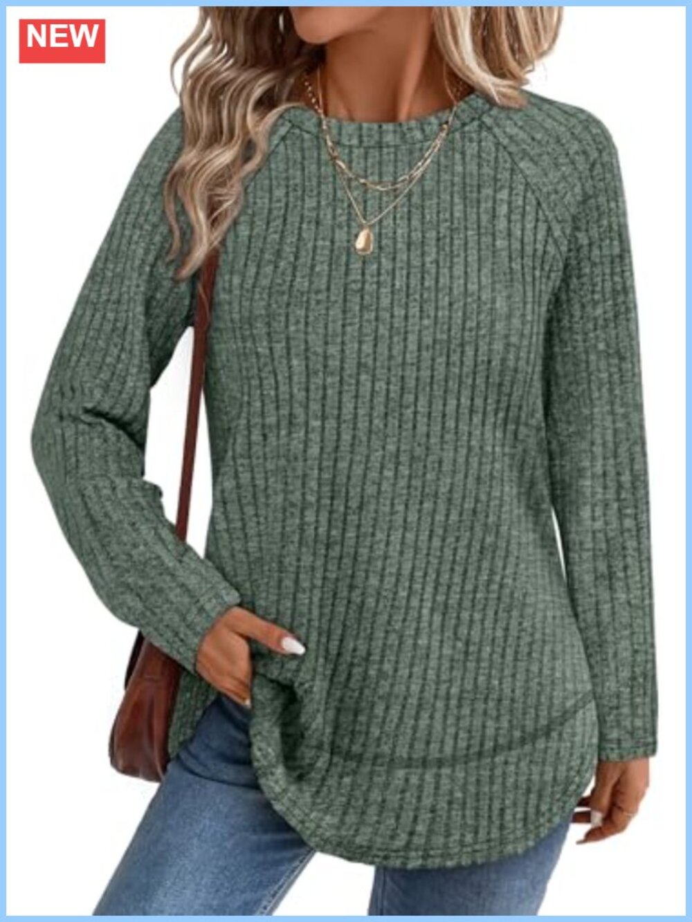 Women's Long Sleeve Tunic Sweater Lightweight Fall Top Ribbed Curved Hem